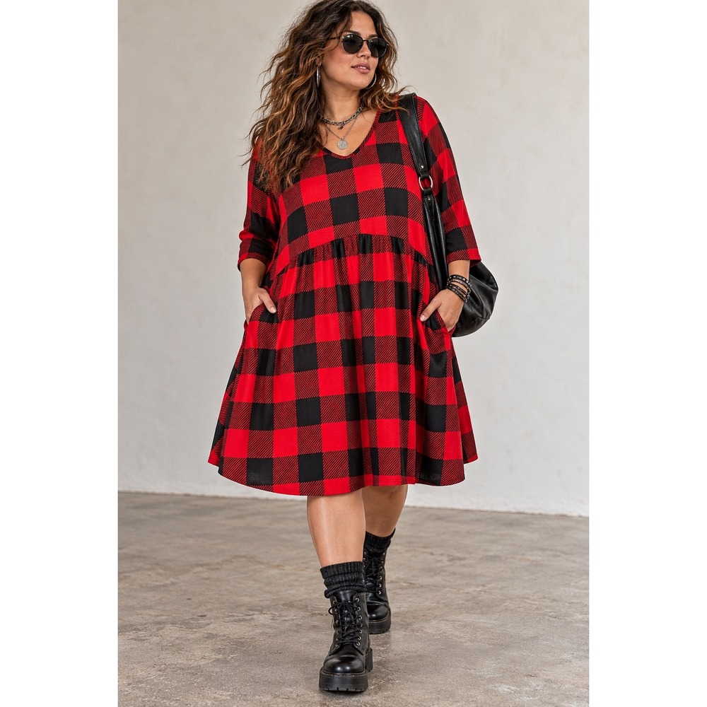Heimish USA Red Black Buffalo Plaid Babydoll Dress Plus 3XL Pockets Eclectic